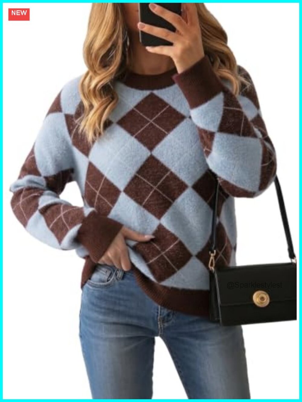 Womens Argyle Colorblock Pullover Sweater Loose Fit Crew Neck Long Sleeve